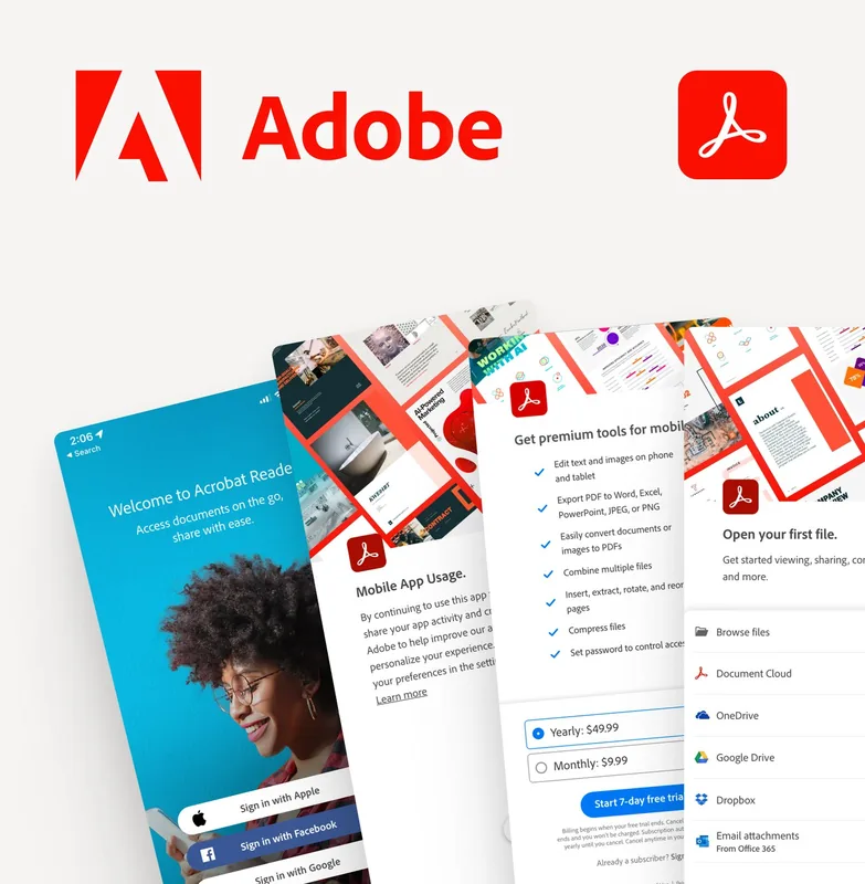 Adobe Acrobat Reader: mobile app onboarding and premium tools UX design
